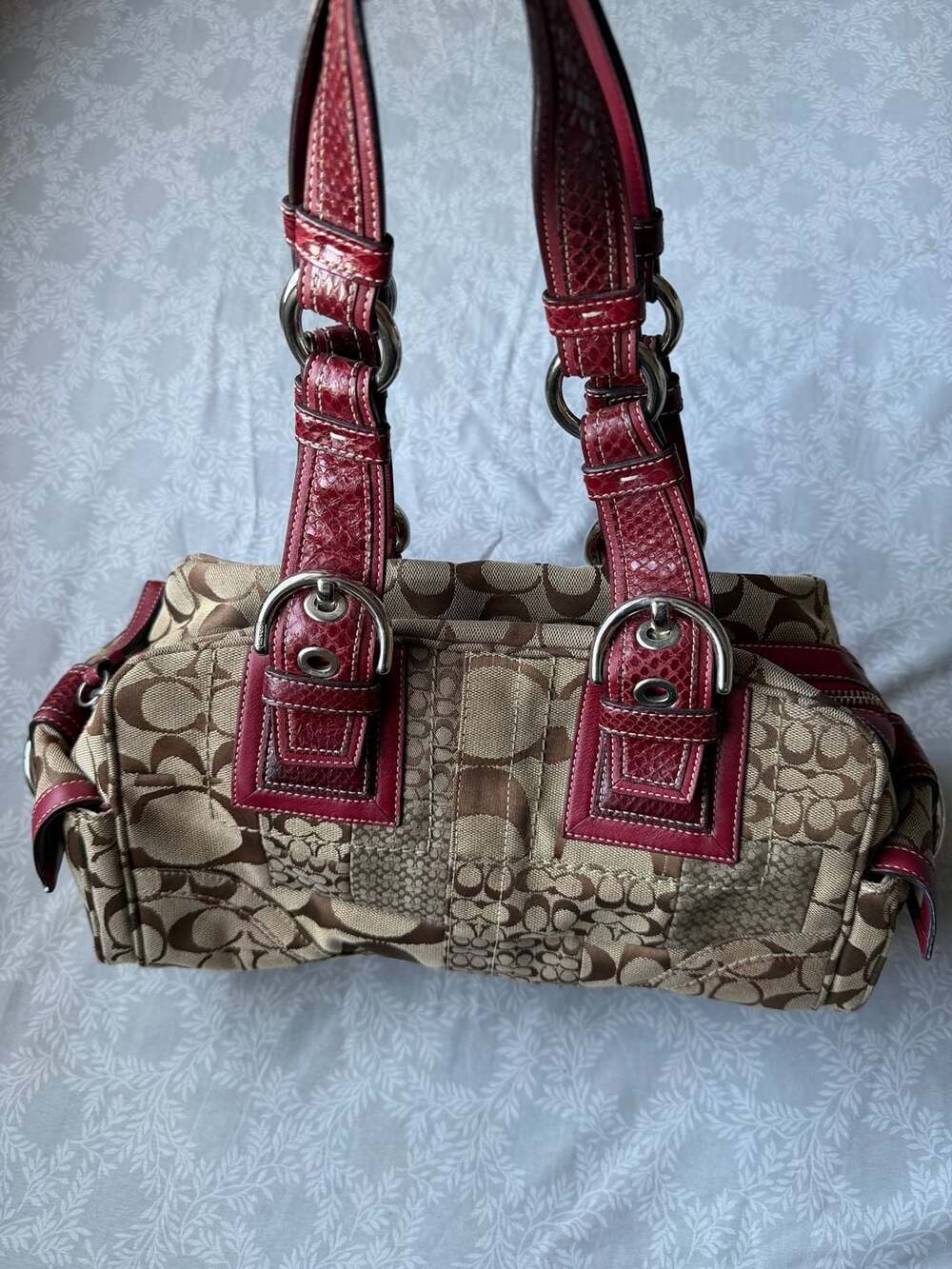 Vintage Y2K Coach Hamptons Signature Patchwork Satchel Bag 10038 Red Exotic Trim